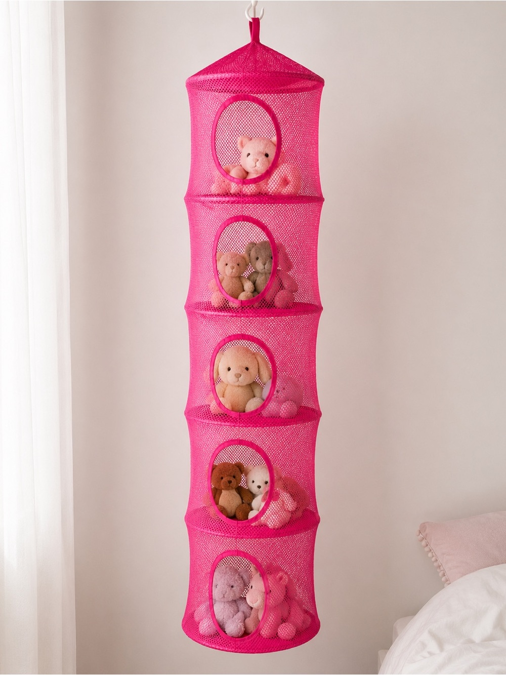 Bright Pink Mesh Stuffed Animal Hanging Storage